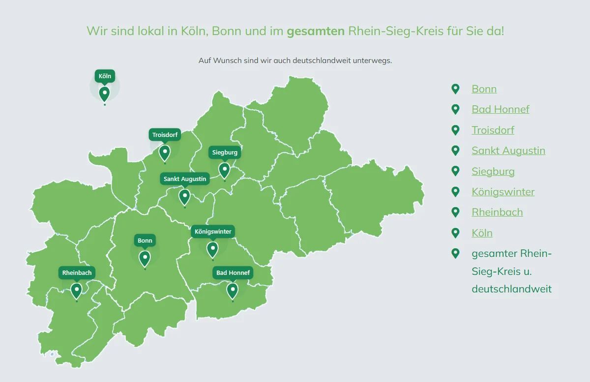 Karte des Einzugsgebiets mit acht markierten Orten und Links zu den Stadtseiten