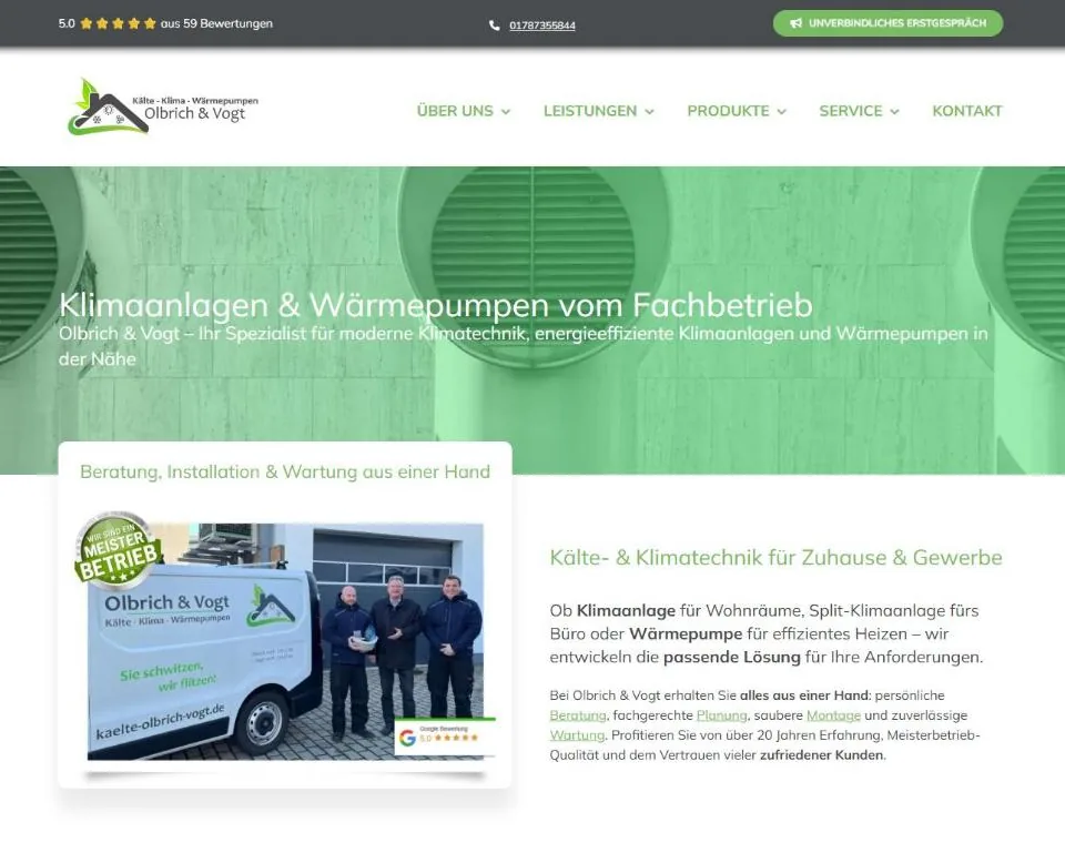 Startseite von kaelte-olbrich-vogt.de mit Kopfbereich, Bewertung und Einstieg